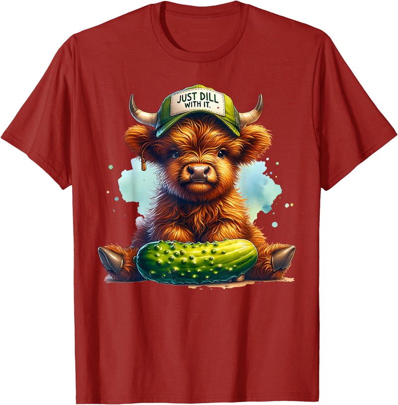 Dill With It Cute Highland Cow Pickle Gardener Dill With It Cute Highland Cow Pickle Hat Farm Animal Lover T-Shirt -