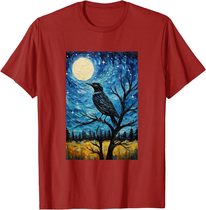 Bird Designs. Magpie Crow Raven Bird Van Gogh Style Starry Night Graphic T-Shirt - Cranberry Red