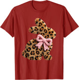 Funny Bunny Leopard Crochet Rabbit Easter Day Coquette Bow T-Shirt in Cranberry Red