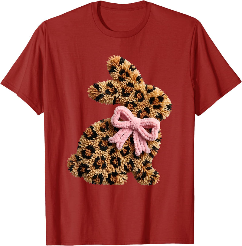 Funny Bunny Leopard Crochet Rabbit Easter Day Coquette Bow T-Shirt in Cranberry Red
