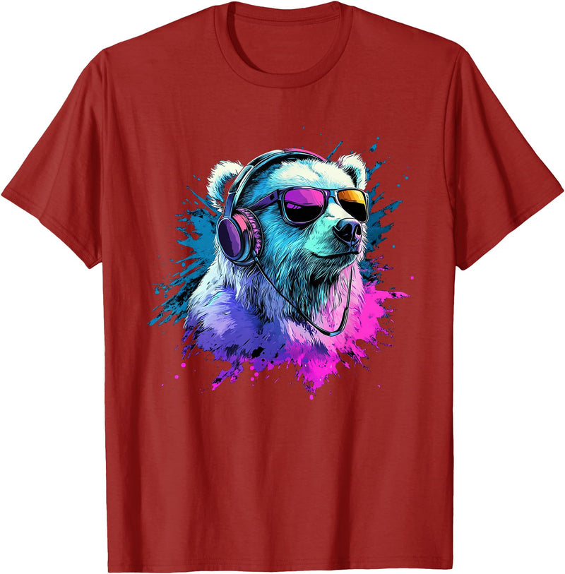 Colorful Artistic Polar Bear Animal Motifs Polar Bear Colorful Music Headphones Artistic Polar Bears T-Shirt - Cranberry Red