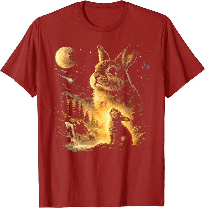 Bunny Howling to the Moon Vintage 90s Animal Easter Day T-Shirt (Black) in Cranberry Red