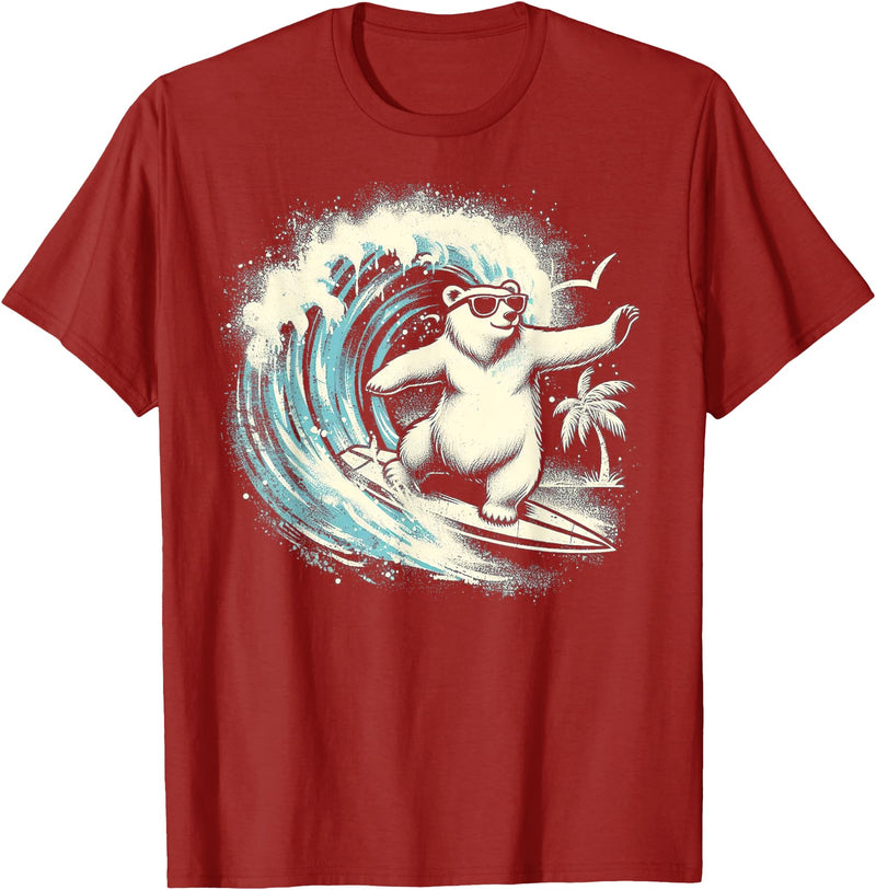 Smooth HQ Polar Bear Riding Surfing Ocean Wave T-Shirt - Cranberry Red