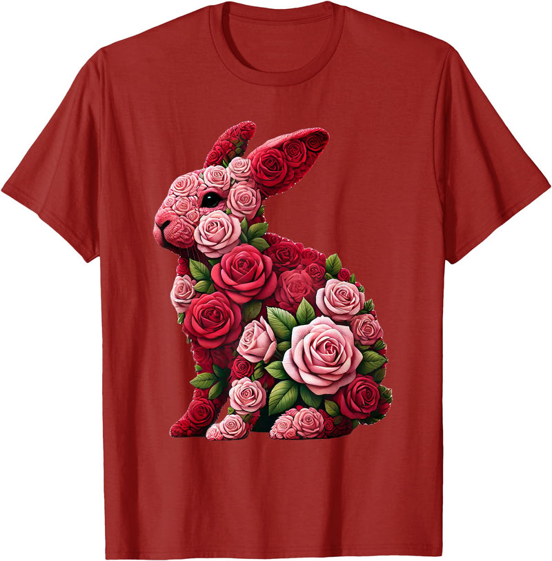 Rose Rabbit Bunny Flower Gardening Floral T-Shirt in Cranberry Red
