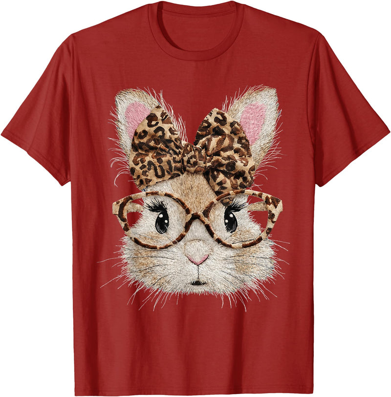 Cute Bunny Rabbit Face Leopard Coquette Bow Glasses Easter T-Shirt in Cranberry Red
