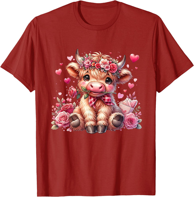 Happy Valentine Highland Cow Costume Love Clothing Valentine Highland Cow Print Cute Love Heart Flowers T-Shirt - Cranberry