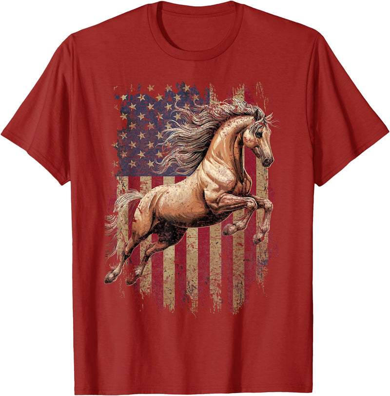 USA Flag Horse Lover Horse American Flag USA 4th of July Horses T-Shirt - Cranberry Red