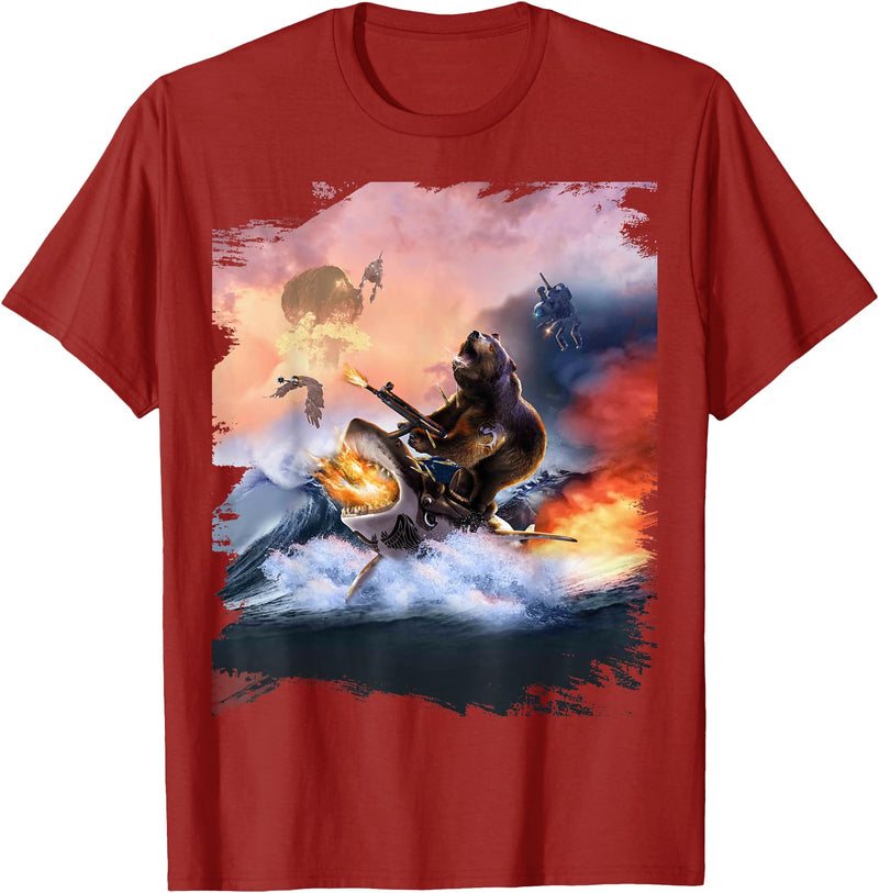 Random Galaxy Bear Riding Shark Funny T-Shirt - Cranberry Red