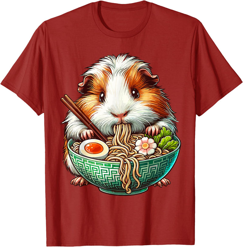 Cute Guinea Pig Gifts Guinea Pig Eating Ramen Japanese Noodles T-Shirt - Cranberry Red