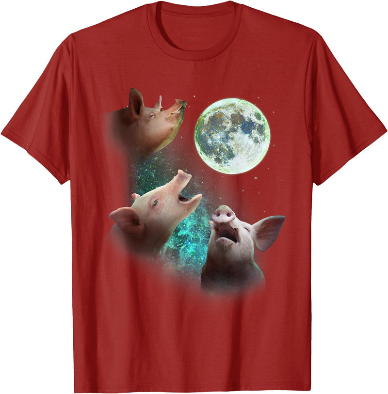 Pink Pig Mountain Shirts & Gifts Three Farm Pigs Howl At Moon 3 Wolfs Wolves Funny Parody T-Shirt - Cranberry Red