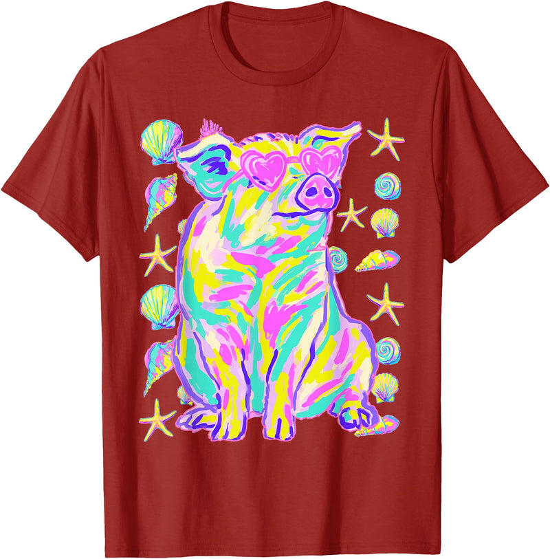 Coastal Summer Animals Beach Art Cute Pig with Hearts Sunglasses Seashells Coastal Summer T-Shirt - Cranberry Red