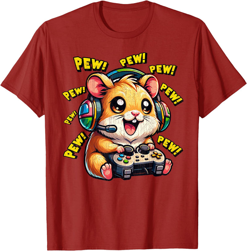 Hamster Gamer Pew Funny Video Games Vintage Boys Men Girls T-Shirt - Cranberry Red