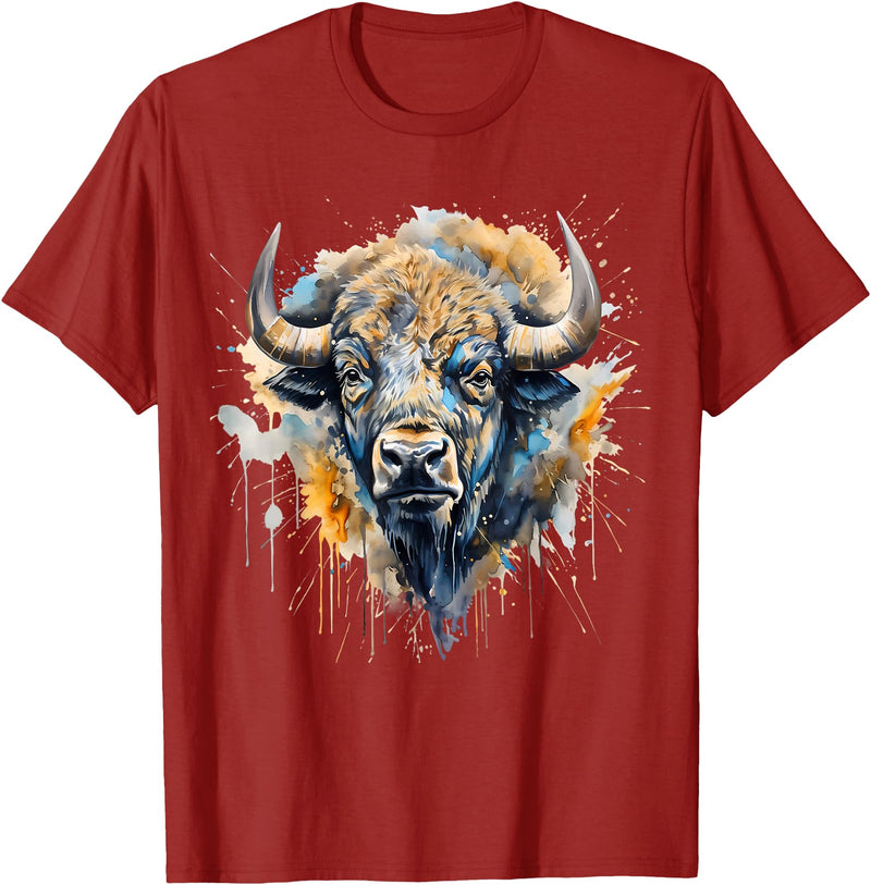 Safari Animal Art Buffalo Portrait Colorful Splash Artwork Wildlife Bison T-Shirt - Cranberry Red