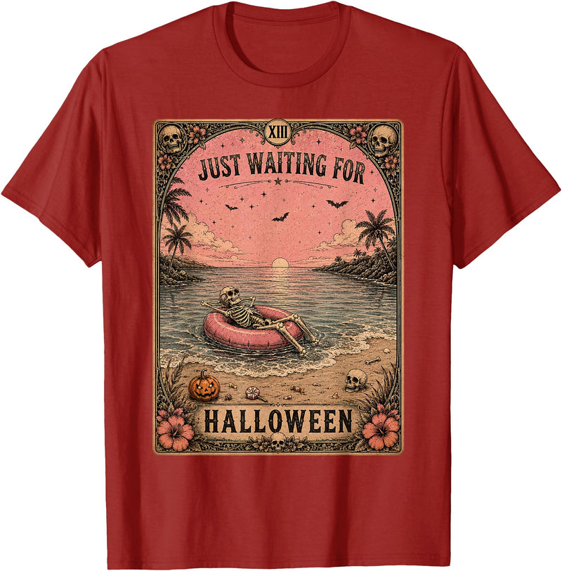 Just Waiting for Halloween Tarot Card art Halloween Tarot Card Spooky Summer Skeleton Just Waiting T-Shirt - Cranberry Red