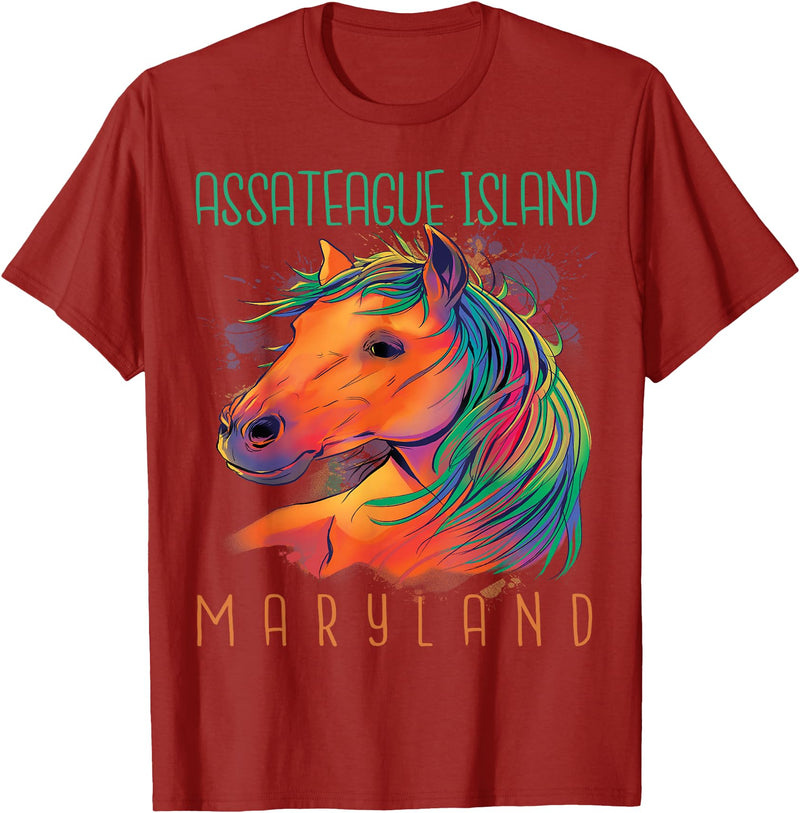 Assateague Island Horse Riding Maryland Souvenir Colorful Horse Assateague Island Maryland Riding Souvenir T-Shirt - Cranberry Red