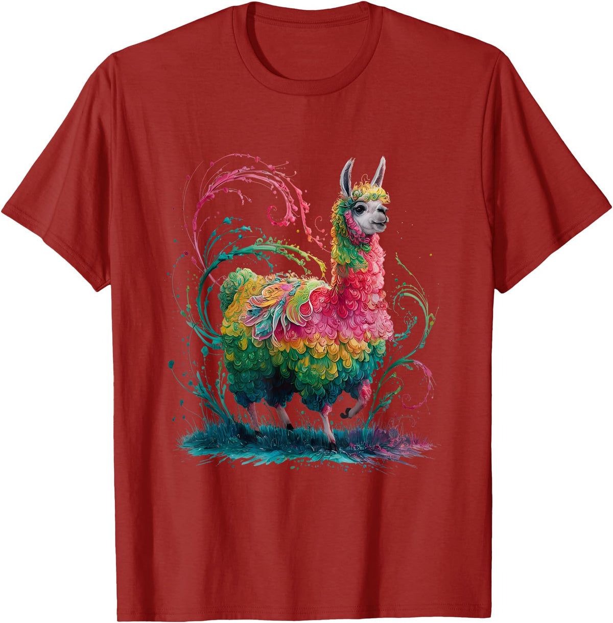 Colorful Watercolor Animal Designs Lama Men's Women's Colourful Watercolour Llama T-Shirt - Cranberry Red