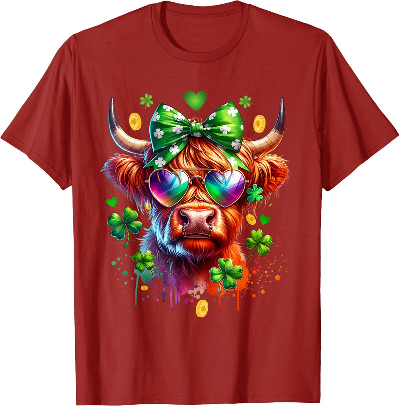 Funny St Paddy Highland Cow St Patricks Day Outfit Cute Highland Cow With Sunglasses St Patricks Day Funny T-Shirt -