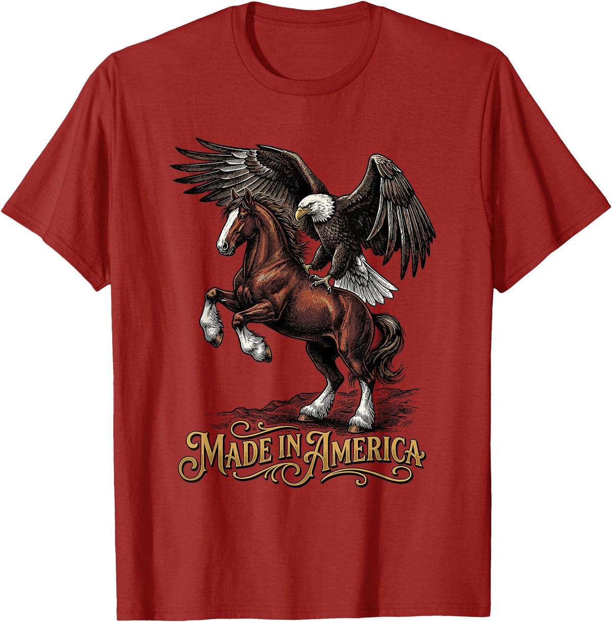 American Pride Horse Eagle Country Made in America Horse Eagle Patriotic Western T-Shirt - Cranberry Red