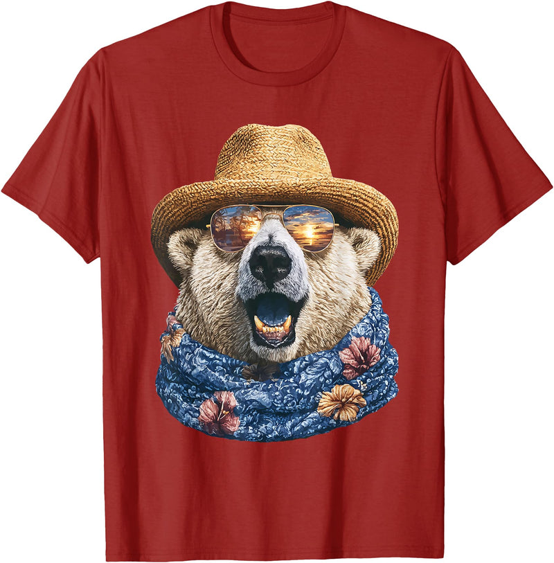 Whimsical Coastal Animals Beachgoers Cute Polar Bear with Sunglasses and Straw Hat Animal Summer T-Shirt - Cranberry Red
