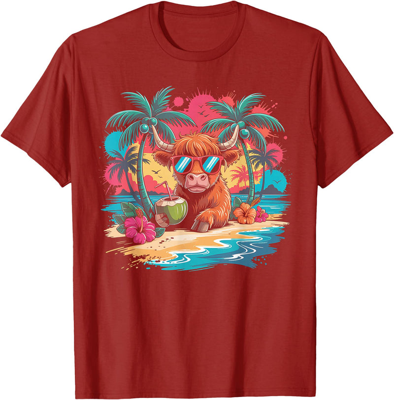 Summer Vibes Highland Cow Funny Beach Vacation Tee Tropical Highland Cow Summer Vibes Funny Beach T-Shirt - Cranberry Red