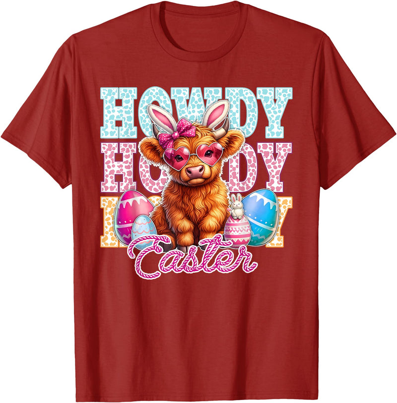 Highland Cow Easter Cute Western Farm Apparel Howdy Easter Cute Highland Cow Bunny Ears Western Easter T-Shirt - Cranberry