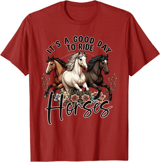 It's A Good Day to Ride Horses Floral Girls Womans T-Shirt - Cranberry Red