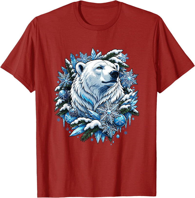 Arctic Polar Bear Winter Snowflakes Christmas Polar Bear Wreath Ice Crystals T-Shirt - Cranberry Red