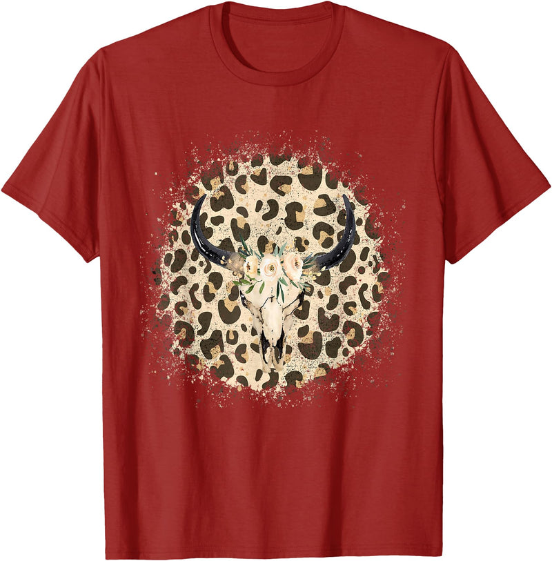 Funny Leopard Cow Skull designs Funny Leopard Cow Skull print Flower Rustic Turquoise T-Shirt - Cranberry Red