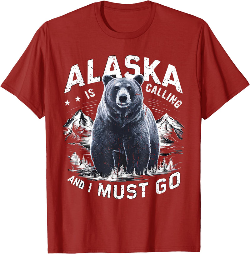 Alaska is Calling and I Must Go, Alaskan Bear and Nature T-Shirt - Cranberry Red