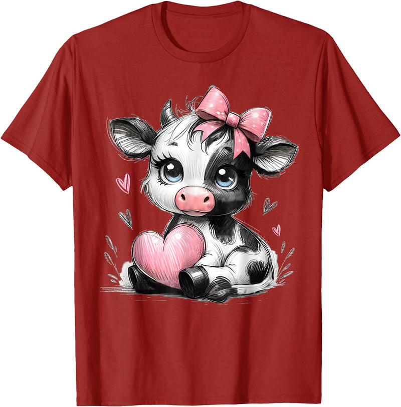 Cow Farmer Coquette Bow Tees Cute Baby Cow with Pink Coquette Bow Holding Heart T-Shirt - Cranberry Red