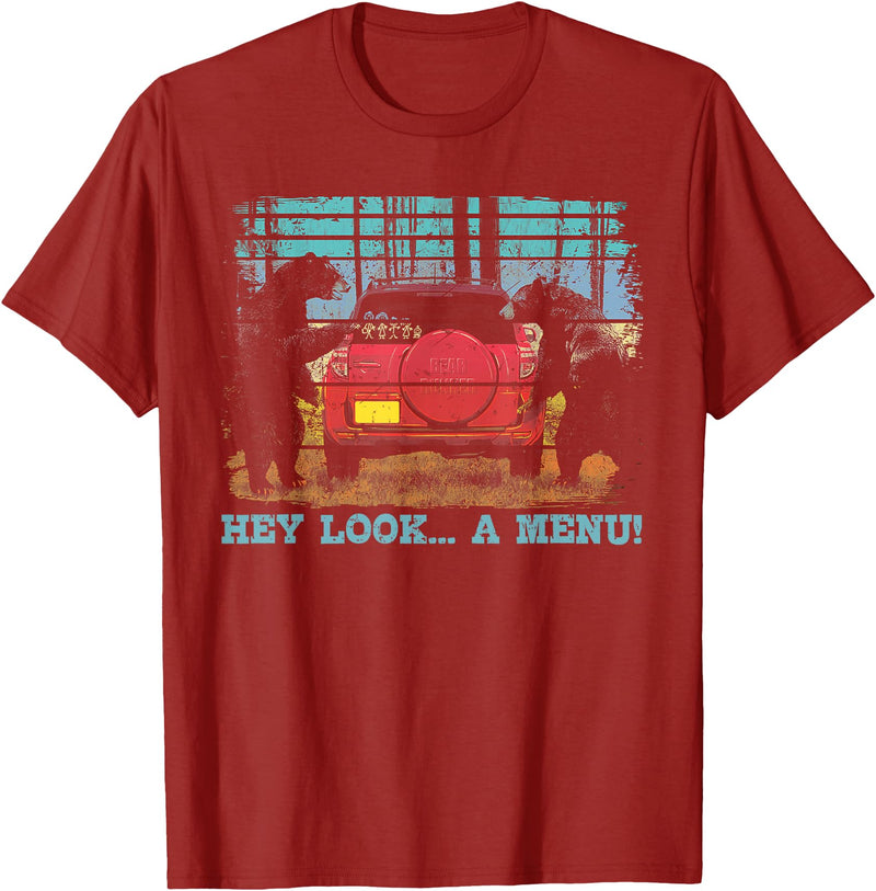 Funny Camping Lovers Gift Tee Hey Look A Menu Funny Bear Camping Retro Vintage Camper Car T-Shirt - Cranberry Red