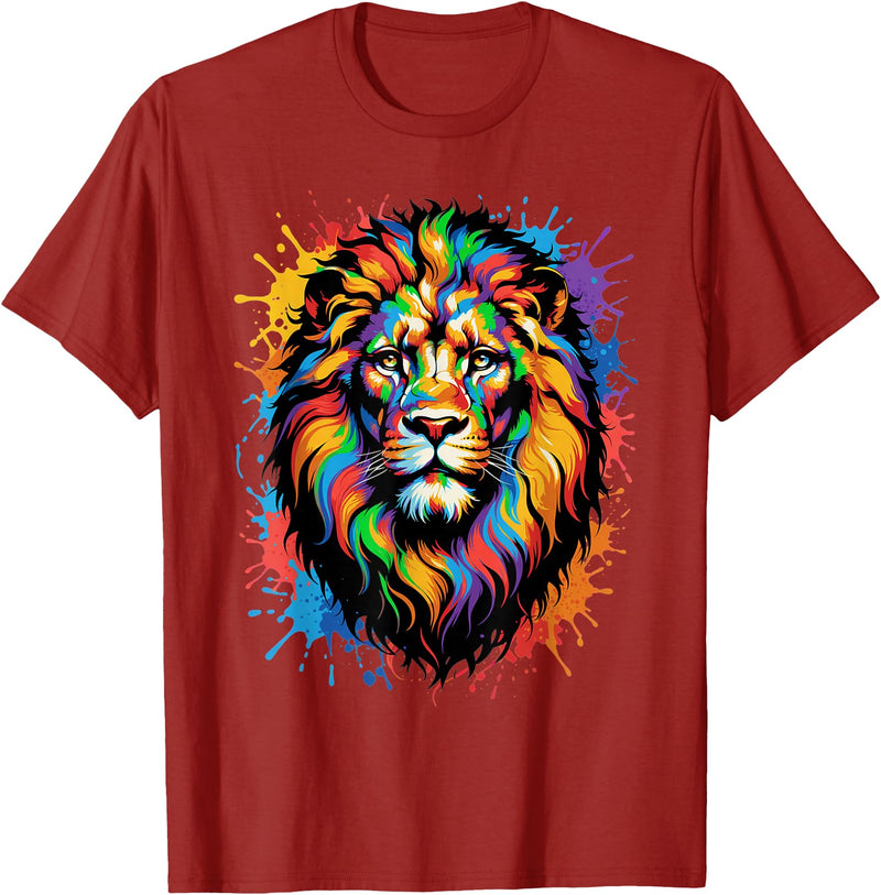 Colorful Lion Wildlife Lover Colorful Lion Face Paint Splash Art T-Shirt - Cranberry Red
