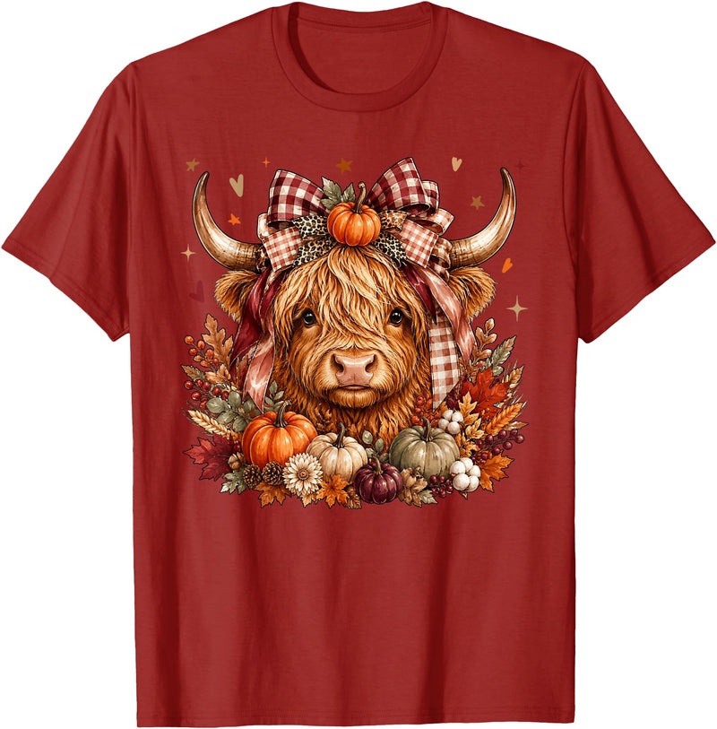 Highland Cow Fall Autumn Gifts Thanksgiving Shirt Highland Cow Pumpkin Coquette Bow Autumn Fall Cute Western T-Shirt -