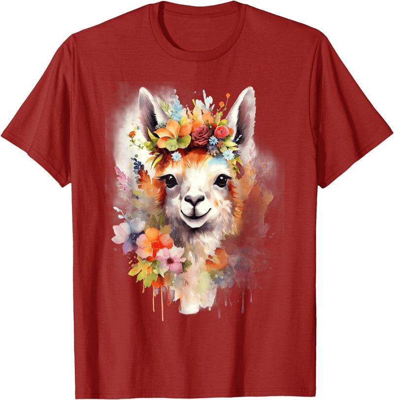 Llama Bloom Studio Cute Llama Floral Crown Watercolor Animal Art T-Shirt - Cranberry Red