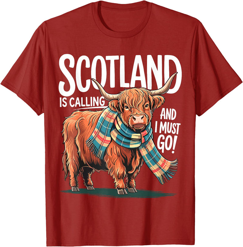 Funny Scottish Highland Cow Scotland is Calling and I Must go Scottish Highland Cow T-Shirt - Cranberry Red