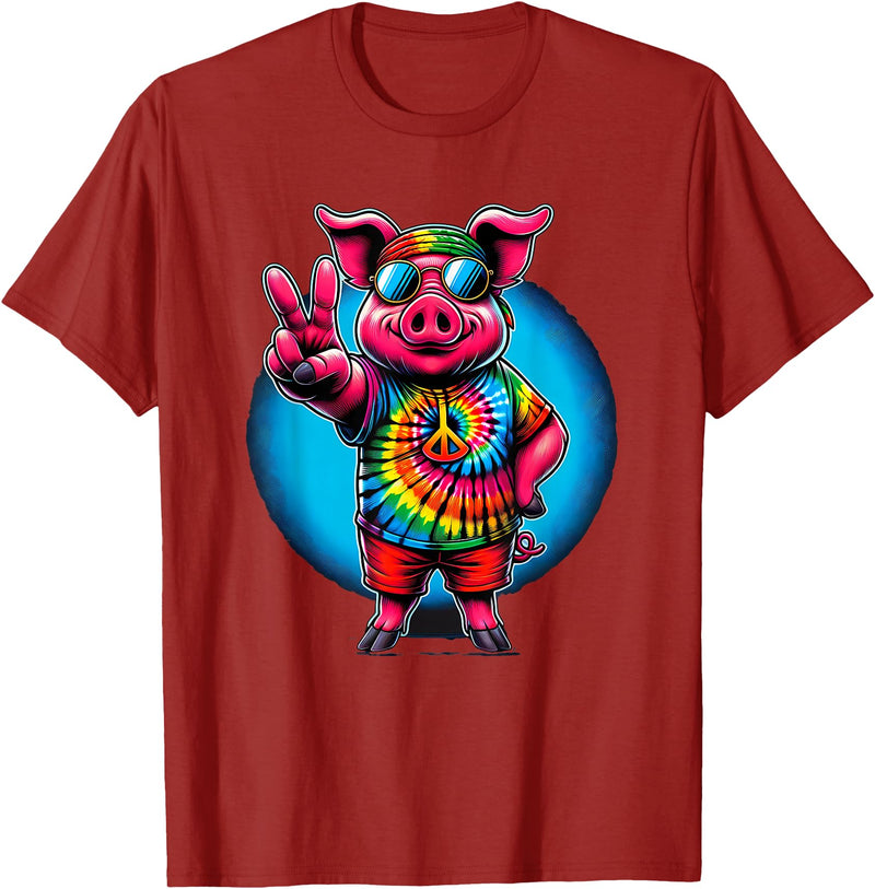 Pig Hippie Costumes Peace Sign Tie Dye Pig T-Shirt - Cranberry Red