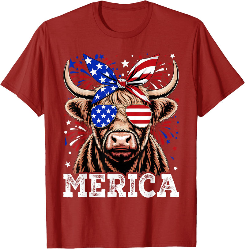 Highland Cow Lover Gift Co. 4th Of July Highland Cow Merica American Farm Men Women T-Shirt - Cranberry Red