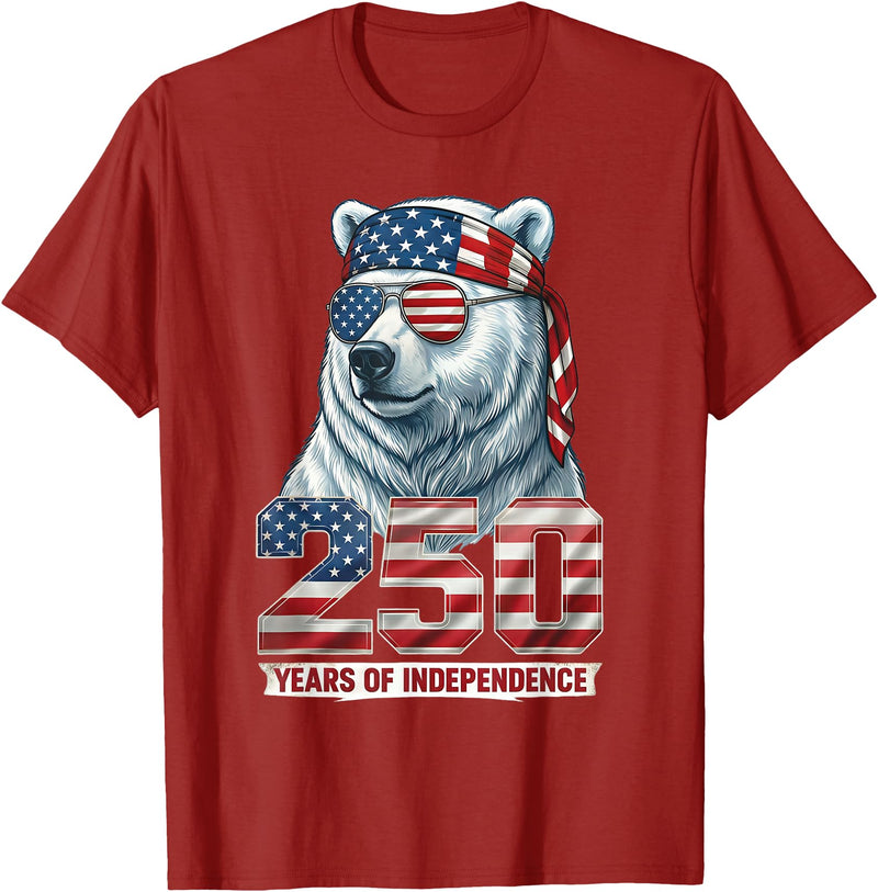 Patriotic Bear Freedom Anniversary Celebration Polar Bear 250 Years of Independence Patriotic America 1776 T-Shirt - Cranberry Red