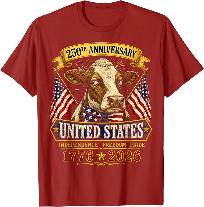 Patriotic 250 Years of Freedom 1776-2026 250 Years America Cow Patriotic USA 4th of July T-Shirt - Cranberry Red