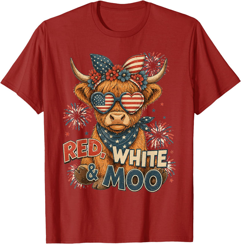Red White and Moo Highland Cow 4th July 250 Years Patriotic T-Shirt - Cranberry Red