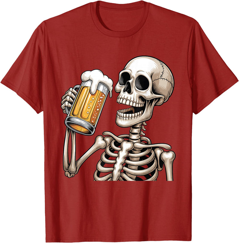 Halloween Skull Skeleton Drinking Beer Funny Kids Skeleton Drinking Beer Halloween Spooky Season Mens Womens T-Shirt -