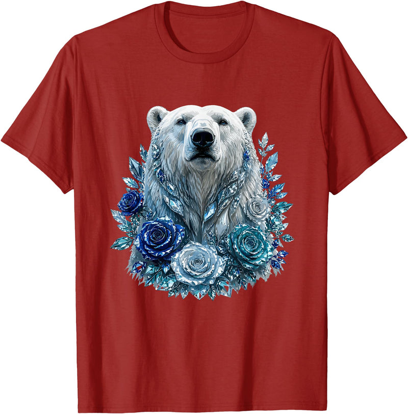 Arctic Polar Bear Crystal Rose Winter Spirit Majestic Polar Bear with Blue Ice Crystal Roses T-Shirt - Cranberry Red