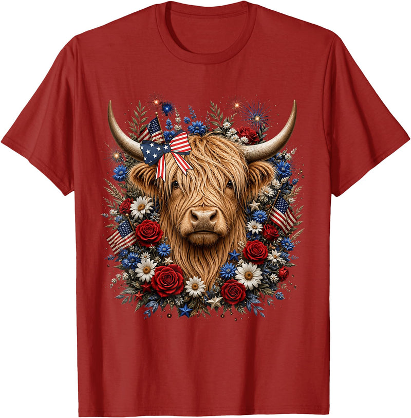 Funny July 4th Highland Cow Farm Lovers Highland Cow Florals 4th of July USA Flag Patriotic Women T-Shirt - Cranberry Red