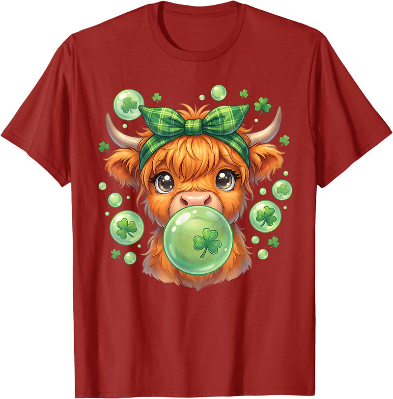 St. Patricks Day Highland Cow Blowing Bubblegum Celebrate St Patricks Day T-Shirt - Cranberry Red