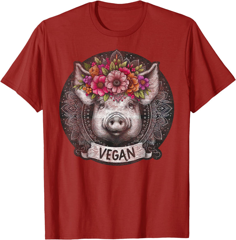 Pig with Flowers Vegan Retro Products Pig with Flowers Vegan Retro – Boho Hippie Cute T-Shirt - Cranberry Red