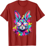 Happy Easter Bunny Face Tie Dye Bunny Rabbit with Glasses T-Shirt in Cranberry Red