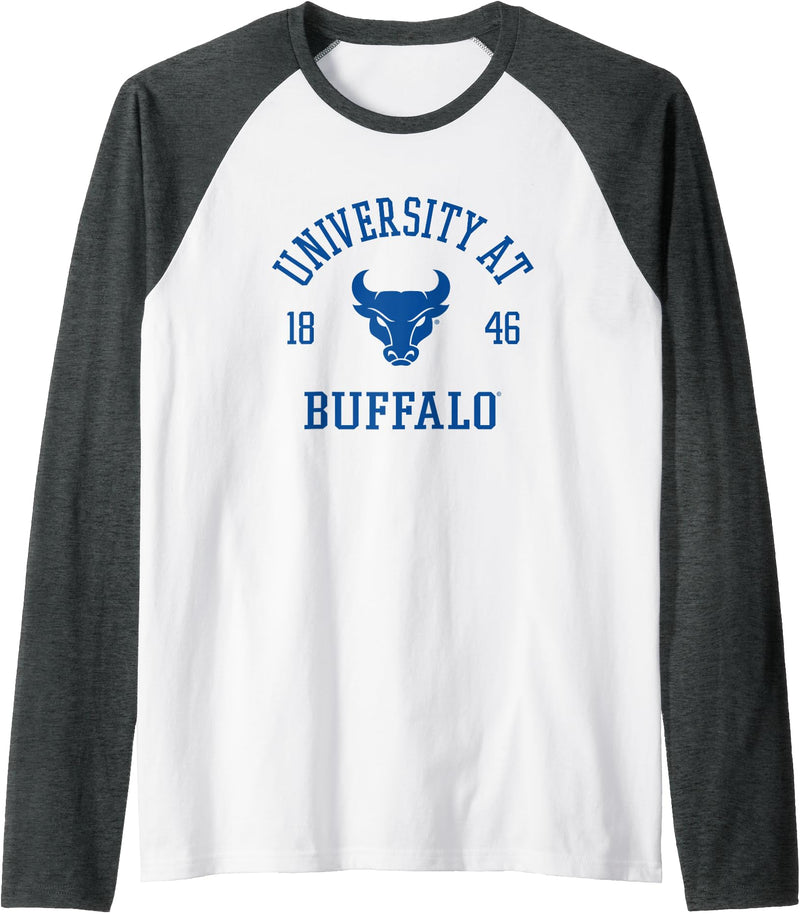 Elite Authentics Buffalo Bulls Stamp White Officially Licensed Raglan Baseball Tee - Dark Heather Grey/White