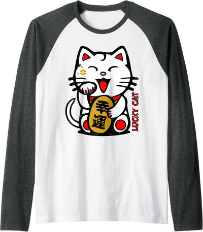 Lucky Cat Maneki-neko Prosperity Gifts Cute Lucky Cat Maneki-Neko Japanese Good Luck Feng Shui Raglan Baseball Tee