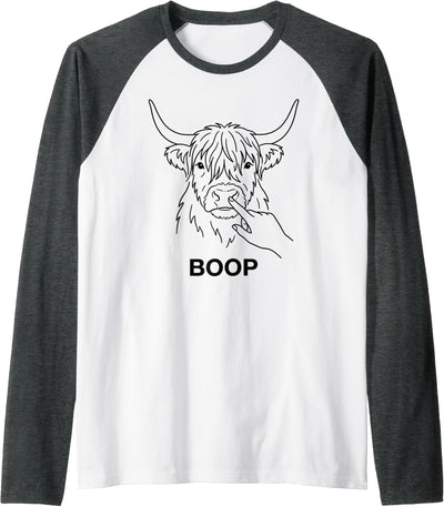 Boop Highland Cow Nose Poke Funny Farm Animal Line Raglan T-Shirt
