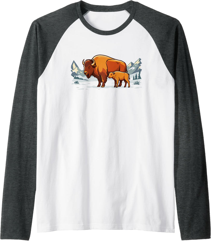 Park Apparel Everywhere Buffalo Bison Calf Sunset Landscape Design Gifts Raglan Baseball Tee - Dark Heather Grey/White